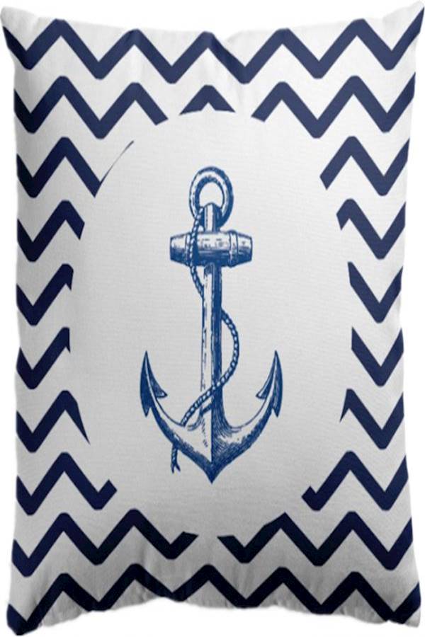 غطاء وسادة مخطط ومطبوع برسمة مرساة سفينة بحرية cotton أزرق وأبيض 45 x 45سم - Image 3