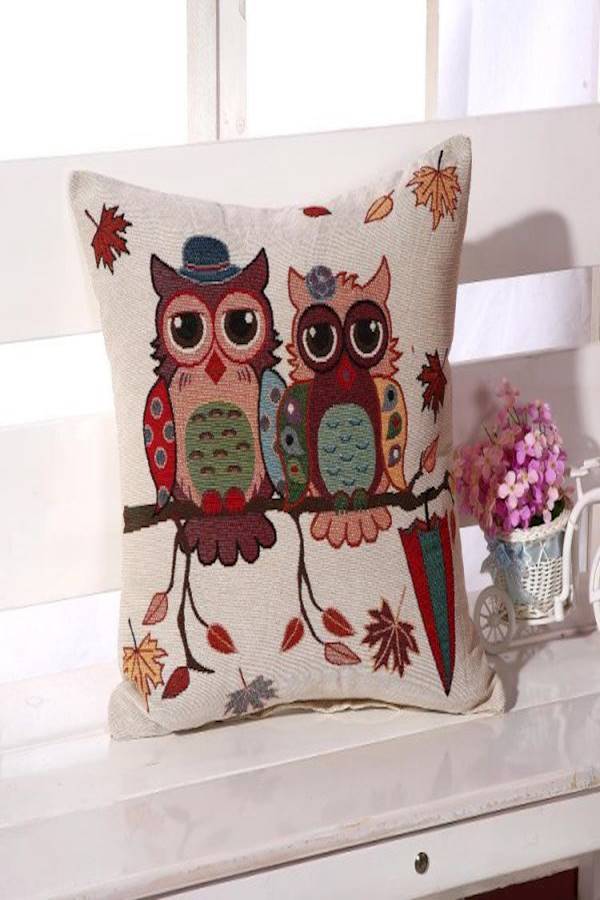 غطاء وسادة بطبعة بومة linen بني/ أسود/ أحمر 45x45سم - Image 2