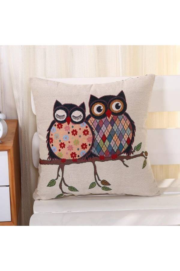 Owl Printed Cushion Cover linen Beige/Black/Green 45x45cm  - Image 2