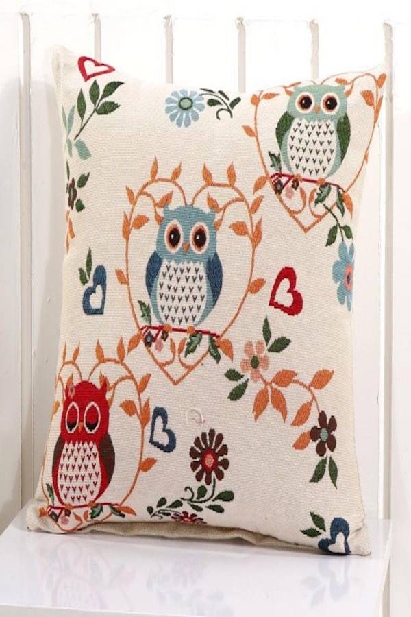 غطاء وسادة بطبعة بومة linen بيج/أحمر/أزرق 45x45سم - Image 2
