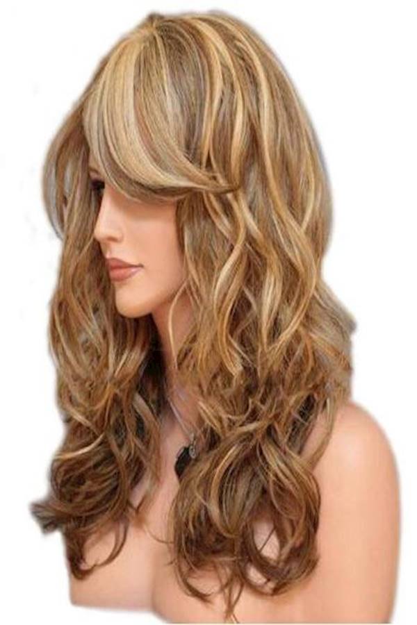 شعر مستعار مجعد بغرة طويلة ومائلة ذهب / بني - Image 2