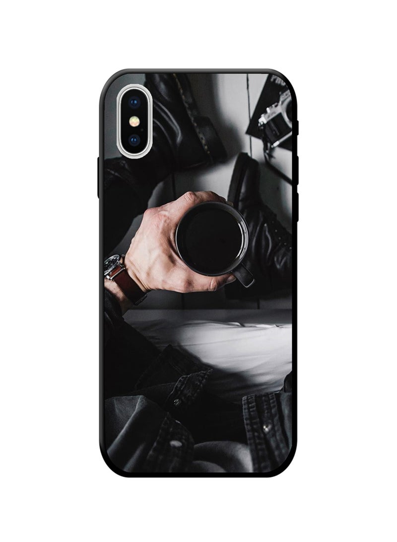 إس واي إن غطاء حماية صلب من مايكروفايبر السيليكون الحقيقي بشعار BMW لهاتف آيفون XS ماكس باللون الكحلي أسود/ أبيض