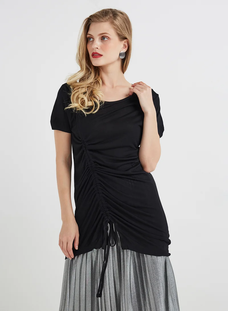BRAVE SOUL Drawstring Long Line Top Black