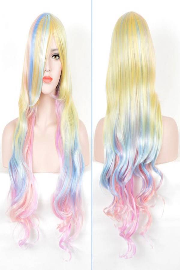 Generic - Lolita Qi Liuhai Curly Hair Cosplay Wig Yellow/Pink/Blue - Image 1