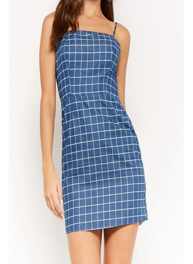 FOREVER 21 Grid Print Square Neck Dress Denim/White