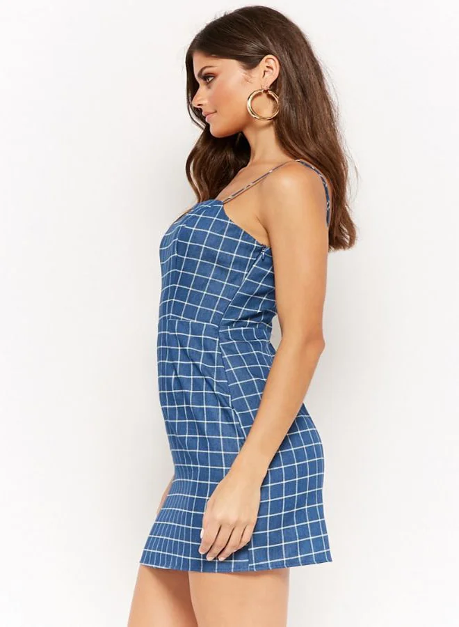 FOREVER 21 Grid Print Square Neck Dress Denim/White