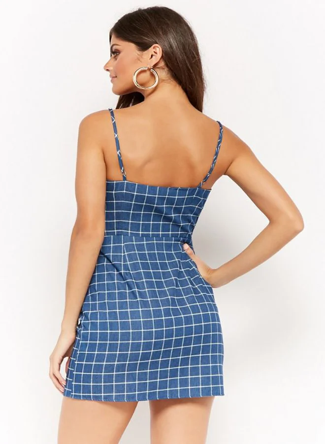 FOREVER 21 Grid Print Square Neck Dress Denim/White