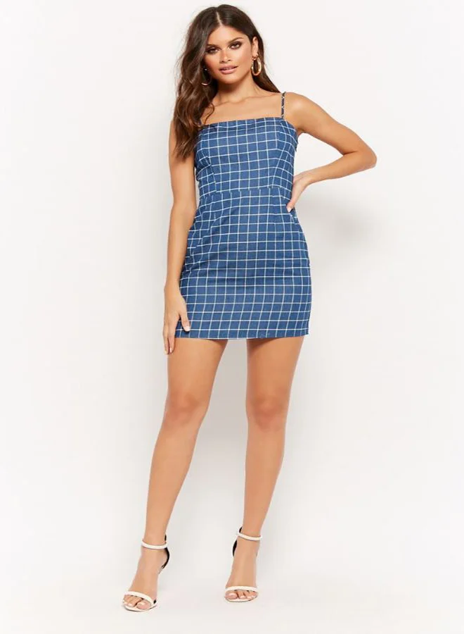 FOREVER 21 Grid Print Square Neck Dress Denim/White