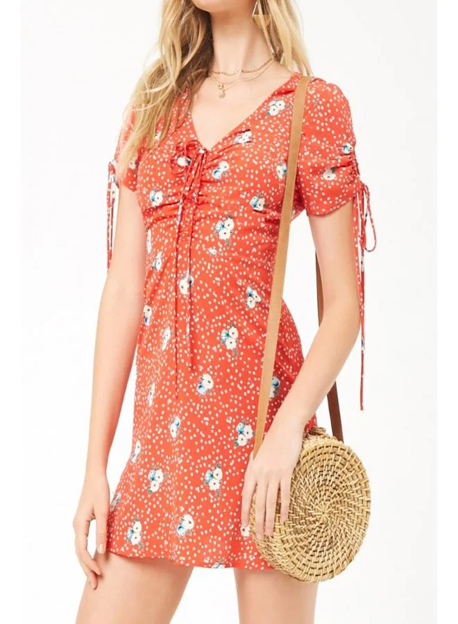 FOREVER 21 Floral Print V Neck Mini Dress Red