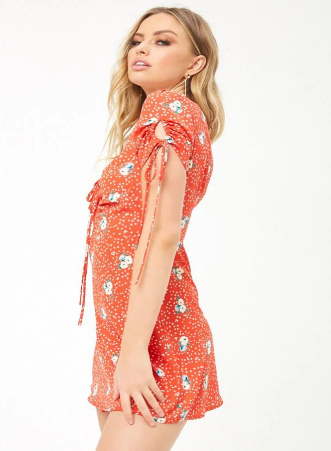 FOREVER 21 Floral Print V Neck Mini Dress Red