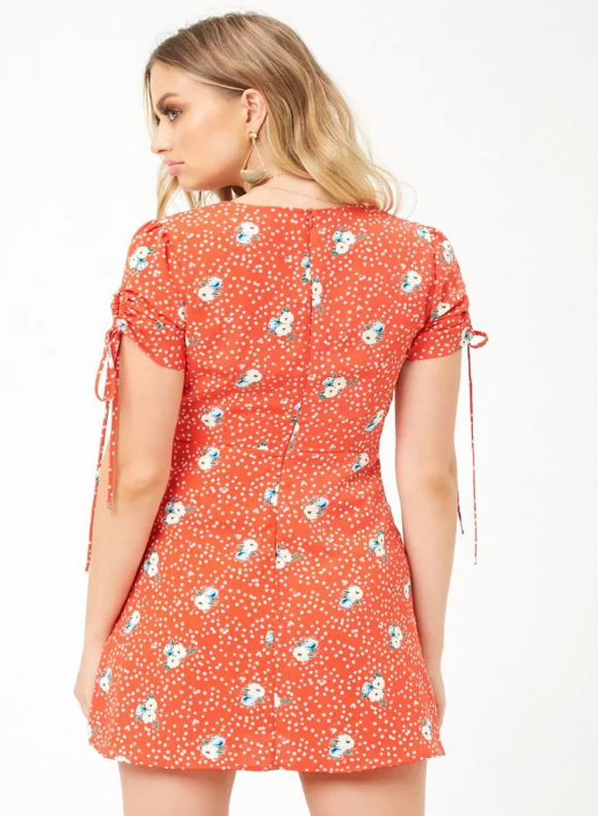 FOREVER 21 Floral Print V Neck Mini Dress Red