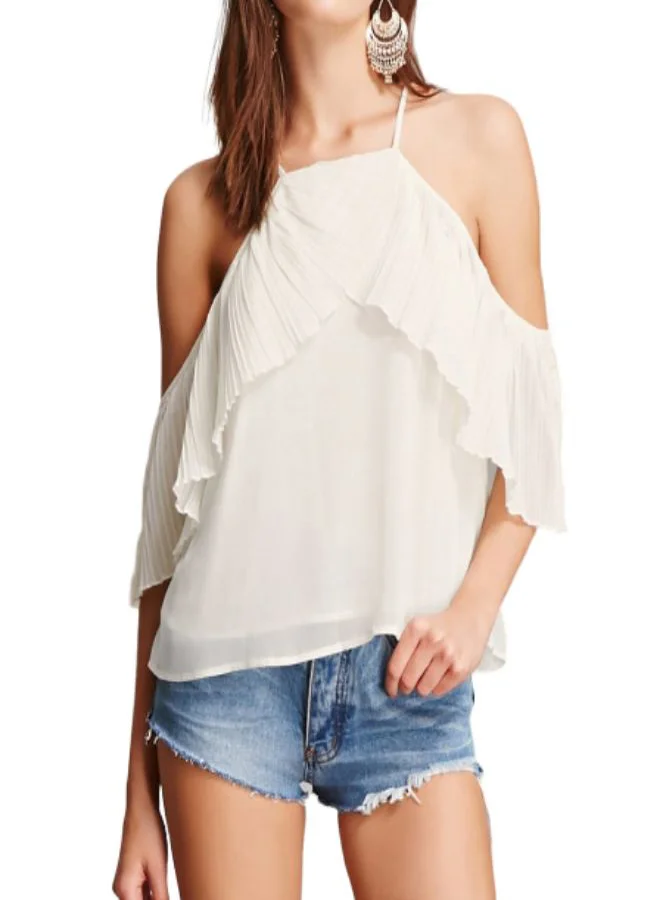 FOREVER 21 Pleated Halter Neck Top White