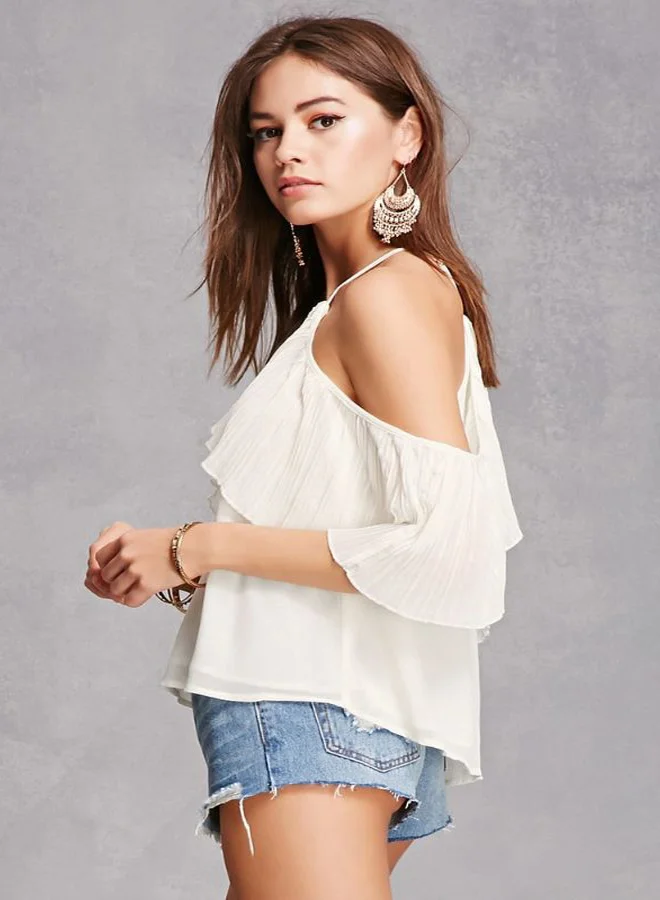 FOREVER 21 Pleated Halter Neck Top White