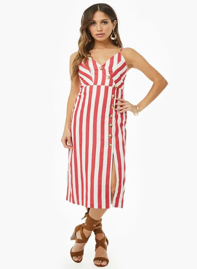 FOREVER 21 Striped Button Front Midi Dress Red/White