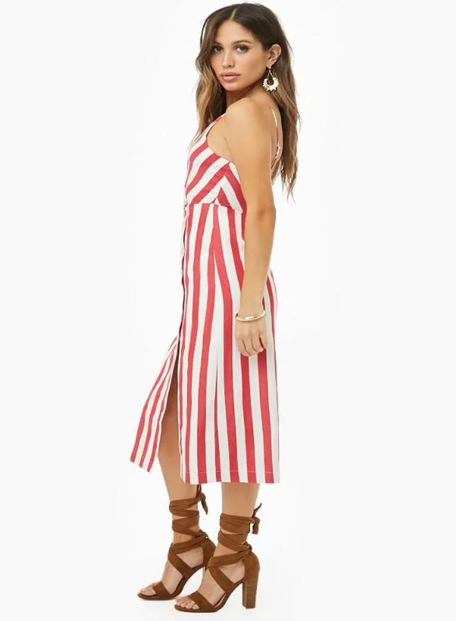 FOREVER 21 Striped Button Front Midi Dress Red/White