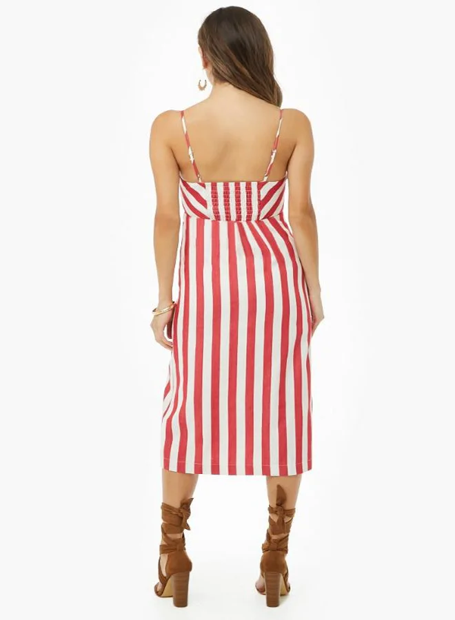 FOREVER 21 Striped Button Front Midi Dress Red/White