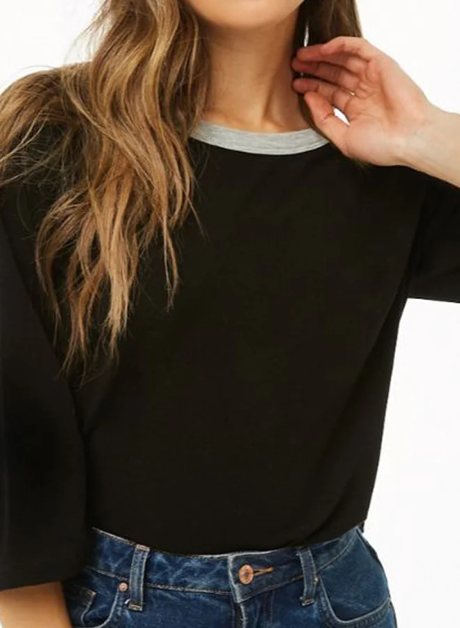 FOREVER 21 Round Neck Solid T-Shirt Black