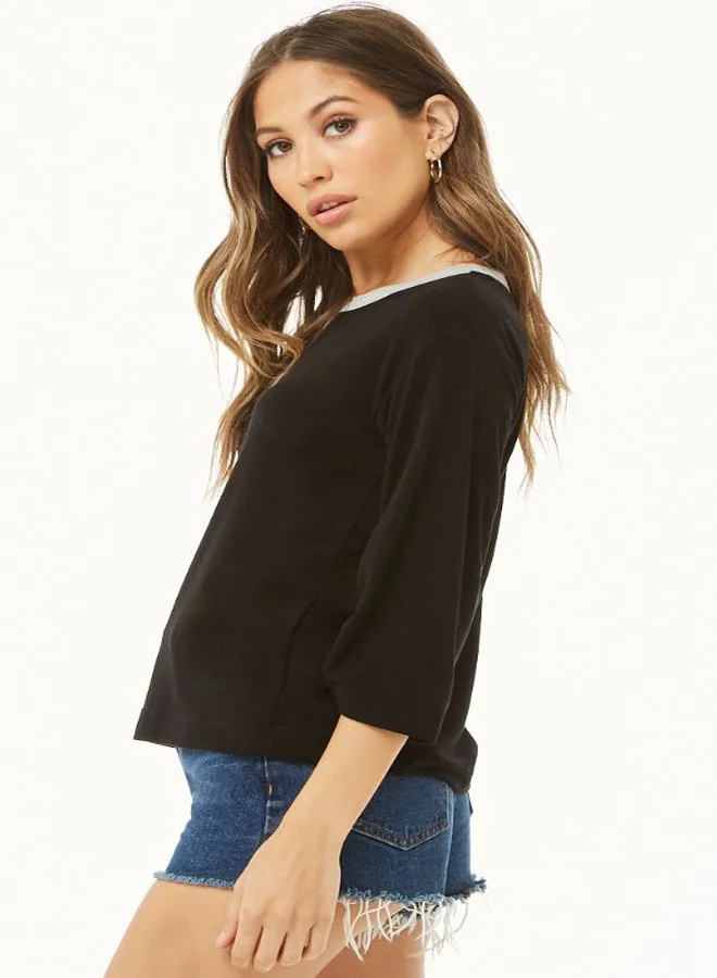 FOREVER 21 Round Neck Solid T-Shirt Black