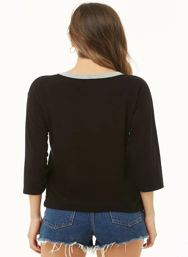FOREVER 21 Round Neck Solid T-Shirt Black