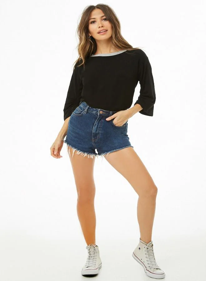 FOREVER 21 Round Neck Solid T-Shirt Black