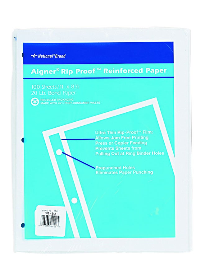 National 20121 Rip Proof 20-Lb, Reinforced Filler Paper, Unruled, 11 X 8-1/2, White (Pack Of 100 Sheets)