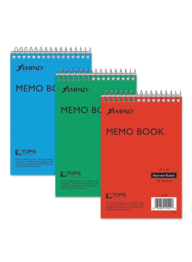 أمباد مجموعة دفاتر ملاحظات مناسبة للوضع في الجيب معاد تصنيعها ومزودة بسلك واحد وبجزء علوي غير ملصوق بمقاس 4 × 6 بوصات مكونة من 3 قطع، لون أحمر/ أزرق/ أخضر (طراز 45-‏094)