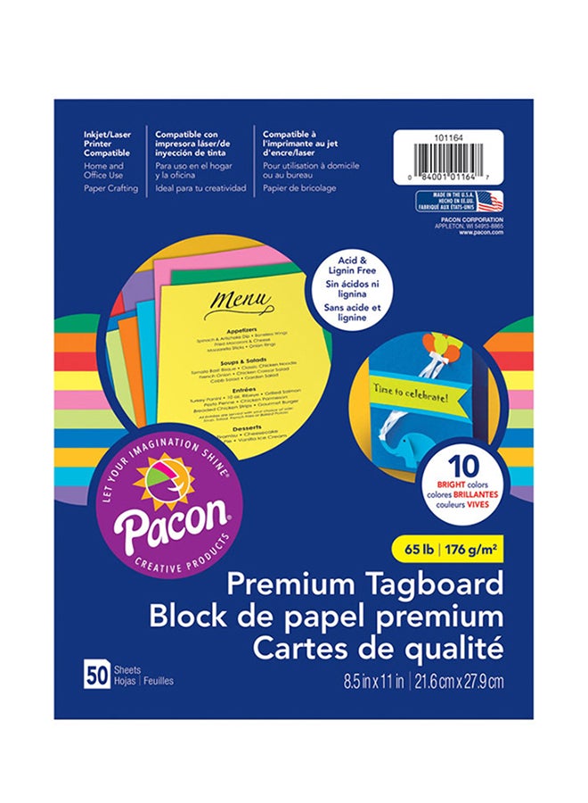 Pacon Pac101164 Premium Tagboard Assortment, 65 Lb, Assorted Colors, 50 Sheets 