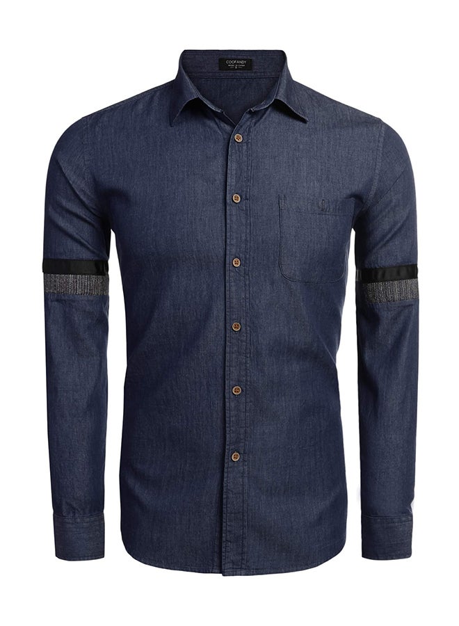 COOFANDY Men Fashion Turn Down Collar Long Sleeve Button Down Denim Casual Shirts Dark Blue - Image 1