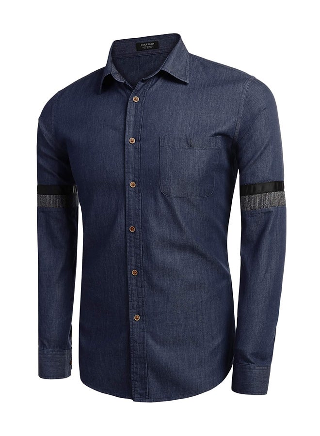 COOFANDY Men Fashion Turn Down Collar Long Sleeve Button Down Denim Casual Shirts Dark Blue - Image 3
