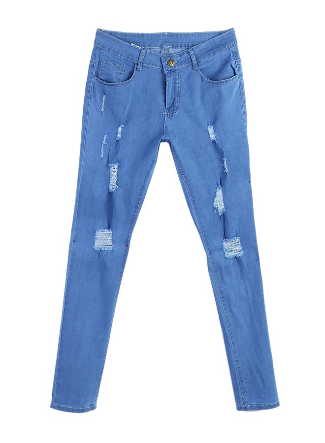 Generic - Men Casual Ripped Hole Denim Skinny Slight Stretch Pencil Jeans Blue - Image 1