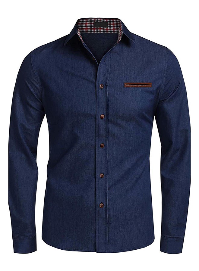 Mens Casual Notched Collar Long Sleeve Patchwork Button Shirt Tops Dark Blue  - Image 1