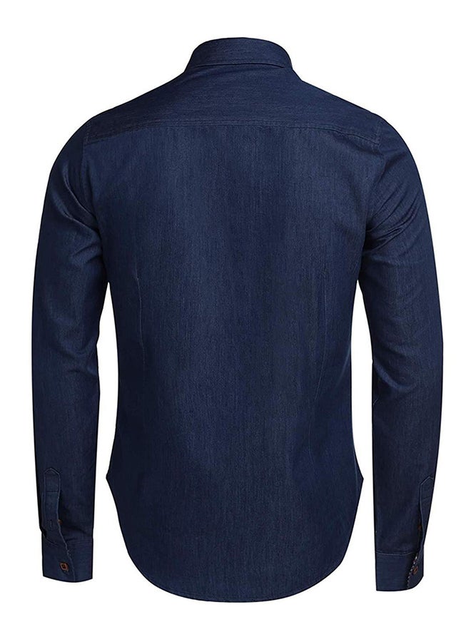 Mens Casual Notched Collar Long Sleeve Patchwork Button Shirt Tops Dark Blue  - Image 2