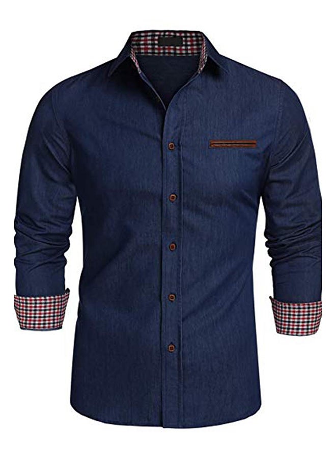 Mens Casual Notched Collar Long Sleeve Patchwork Button Shirt Tops Dark Blue  - Image 3