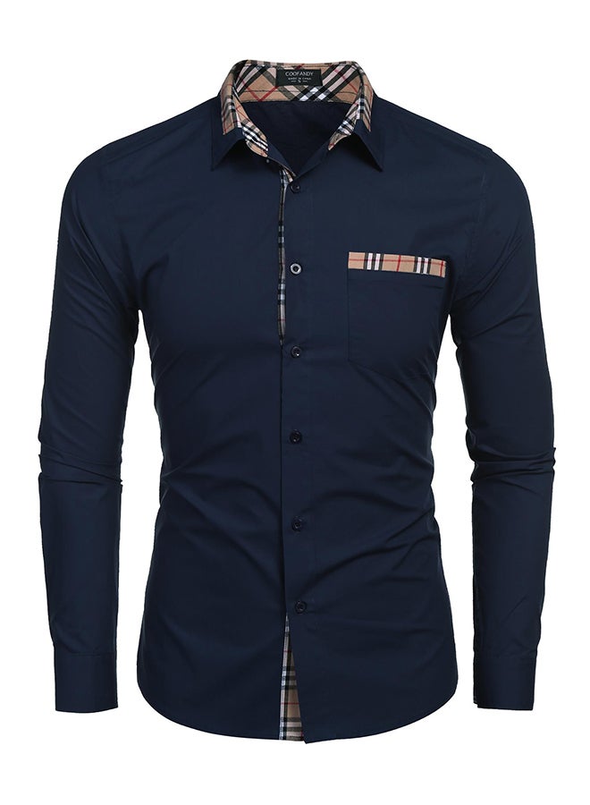 COOFANDY - Men Fashion Turn Down Collar Long Sleeve Contrast Color Shirt Blue - Image 1
