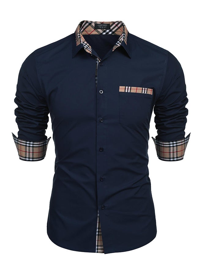 COOFANDY - Men Fashion Turn Down Collar Long Sleeve Contrast Color Shirt Blue - Image 1