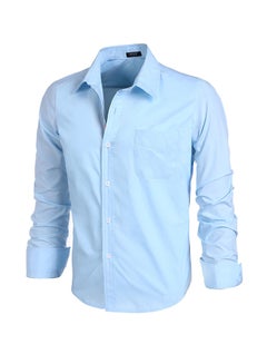 Generic Fashion Men Slim Long Sleeve Turn-down Neck Single Breasted Solid Casual Shirt Sky blue  - Image 1