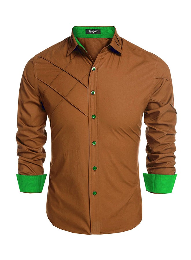 Men Long Sleeve  Pure Color Casual Loose Cotton Button Down Shirts Brown - Image 1