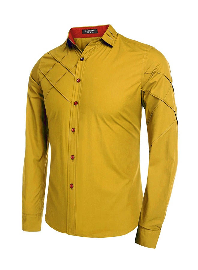 Men Long Sleeve  Pure Color Casual Loose Cotton Button Down Shirts Gold - Image 3