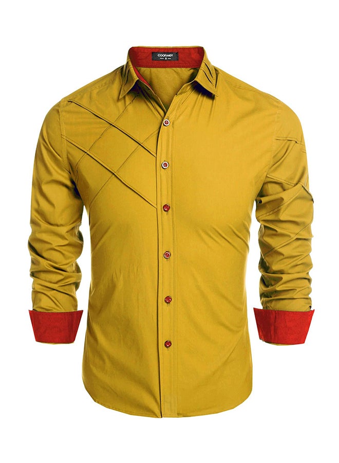 Men Long Sleeve  Pure Color Casual Loose Cotton Button Down Shirts Gold - Image 1