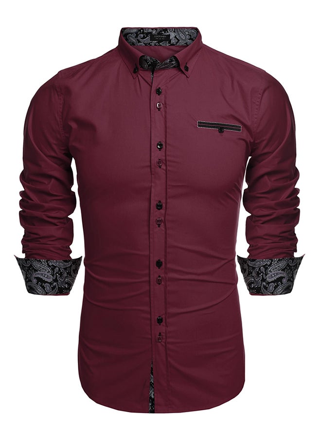 Men Long Sleeve Turn Down Neck Front Pocket Loose Tops Casual Dress Cotton Button Down Shirts Wine Red  - Image 1
