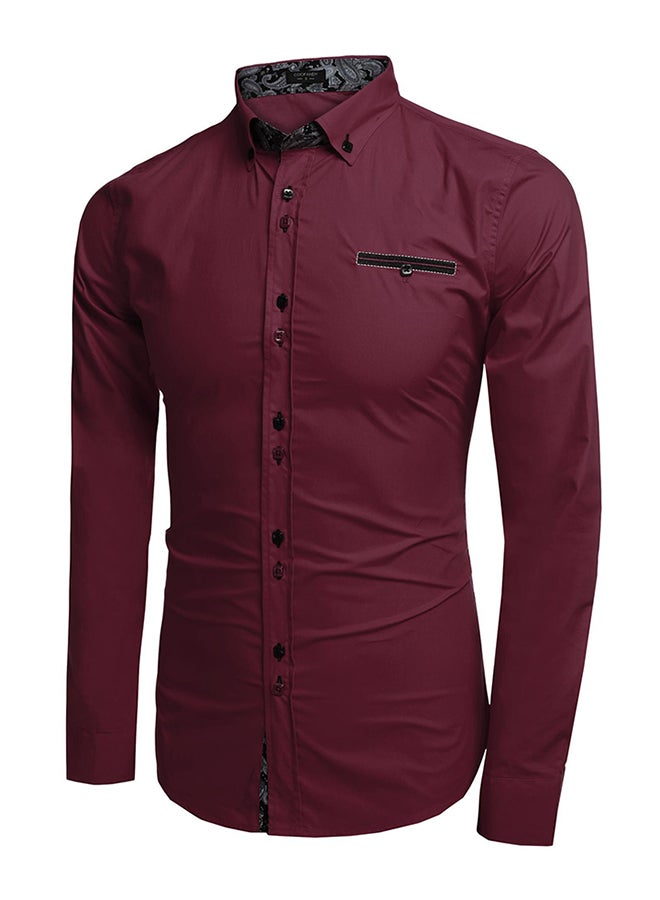 Men Long Sleeve Turn Down Neck Front Pocket Loose Tops Casual Dress Cotton Button Down Shirts Wine Red  - Image 3