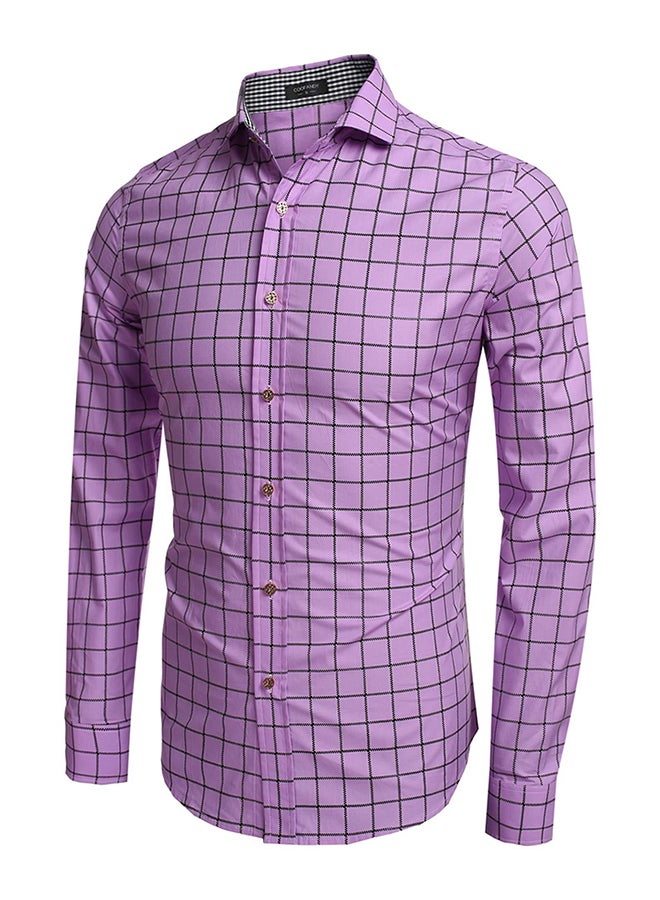 COOFANDY Men Fashion Turn Down Collar Long Sleeve Plaid Cotton Button Down Casual Shirts Purple - Image 1