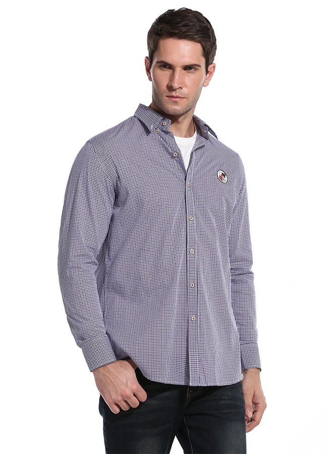 Men Casual Long Sleeve Turn Down Collar Button Plaid Shirt Purple - Image 1