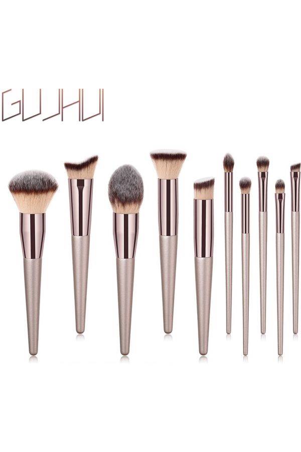 10-Piece Makeup Brush Set Gold/Beige - Image 2