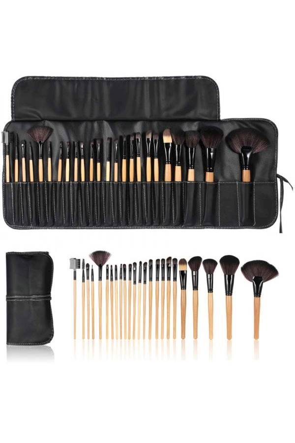24-Piece Make Up Brush Set With Roll-Up Carrying Case Black/Beige/Brown