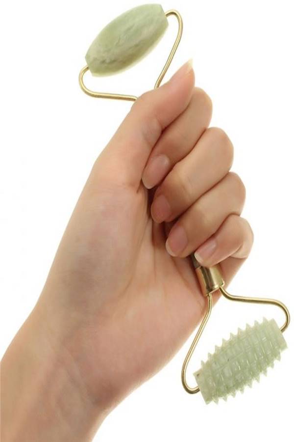 أداة تدليك الوجه محمولة ومصنوعة من حجر اليشم ذهب أخضر 14سم - Image 2