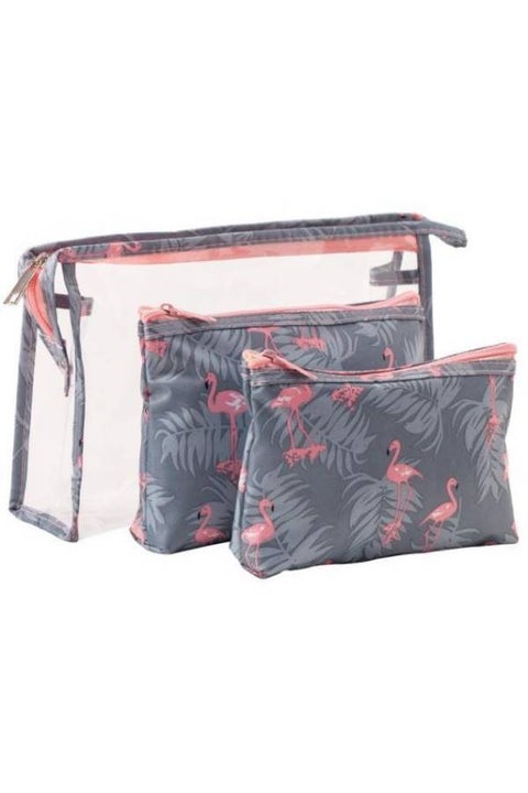 3-Piece Multi-Purpose Makeup Organizer Bag Set Grey/Pink/Clear