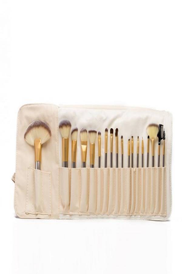 طقم فرش مكياج ومستحضرات تجميل احترافية من 18 قطعة، مزودة بحقيبة فضي/ذهبي/بيج - Image 3