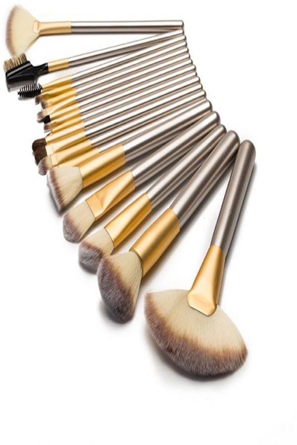 طقم فرش مكياج ومستحضرات تجميل احترافية من 18 قطعة، مزودة بحقيبة فضي/ذهبي/بيج - Image 2