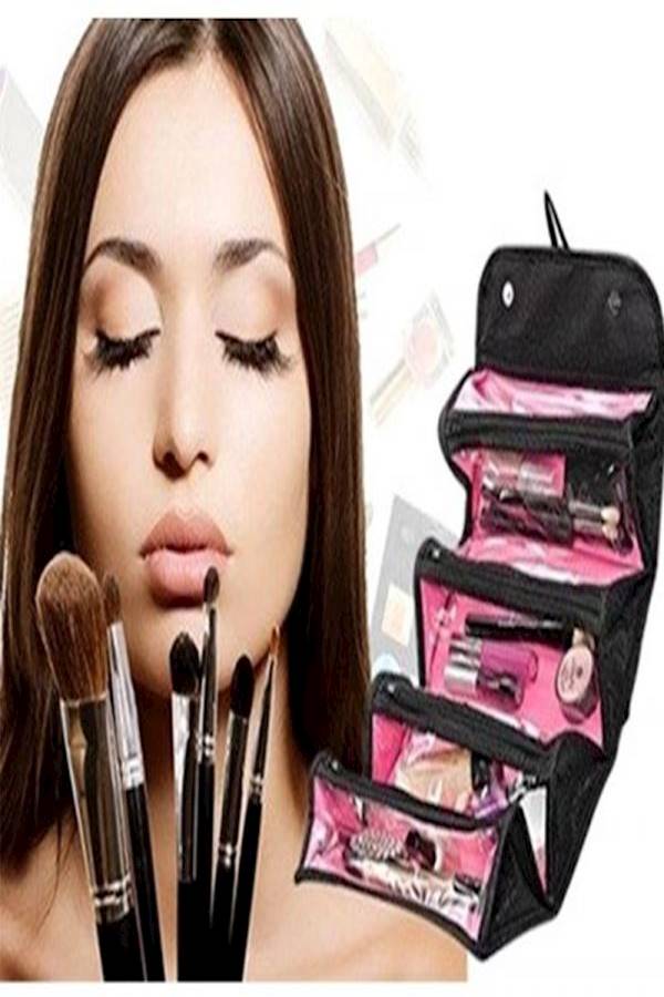 حقيبة كبيرة قابلة للطي متعددة الجيوب لمستحضرات التجميل ولغرض مستلزمات النظافة للمسافرين أسود - Image 3